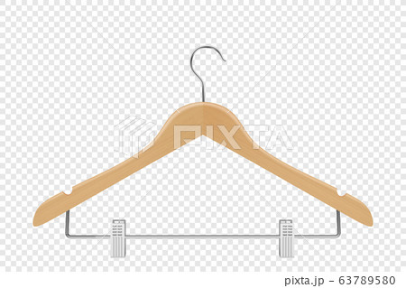 Vector 3d Realistic Clothes Coat Wooden Textured Hanger Icon Closeup Isolated on Transparent Background. Design Template, Clipart or Mockup for Graphics, Advertising etc. Front or Top View 63789580