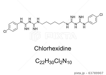Chlorhexidine molecule skeletal formula. Structure of chlorhexidine gluconate, CHG, a disinfectant and antiseptic, to disinfect skin, cleaning wounds or preventing dental plaque. Illustration. Vector. 63789907