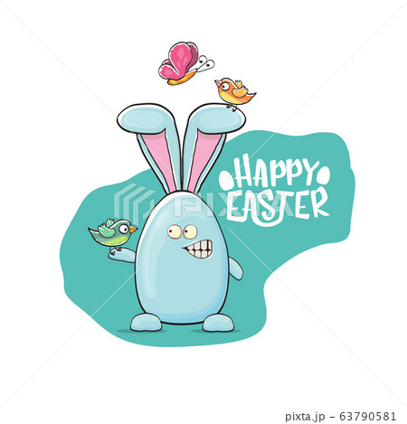 Happy easter greeting card with funny cartoon smiling blue bunny . Easter h2and drawn banner or poster with funky rabbit. 63790581