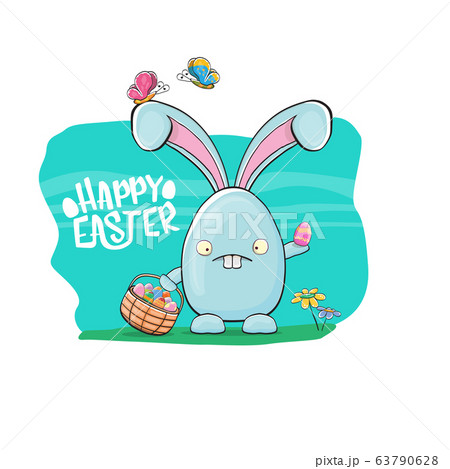 Happy easter greeting card with cute cartoon blue rabbit holding easter basket with stack of colorful eggs. Easter egg hunt hand drawn concept illustration banner. Happy easter greeting card with cute cartoon blue rabbit holding easter basket with stack of colorful eggs. Easter egg hunt hand drawn concept illustration banner. 63790628