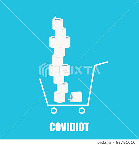 Covidiot vector concept illustration with shopping cart full of toilet paper on white background. Deficit of toilet paper concept illustration.Self isolation concept illustration. 63791010