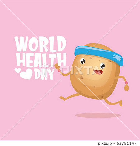 World health care day vector illustration with cartoon funky potato character running or jogging outdoor. Cute sporty healthy vegetable character making cardio sport exercise. Fitness cardio concept World health care day vector illustration with cartoon funky potato character running or jogging outdoor. Cute sporty healthy vegetable character making cardio sport exercise. Fitness cardio concept 63791147