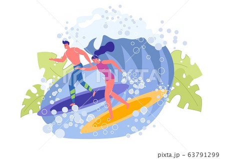 Beautiful Sportive Guy and Girl Surfers on Wave 63791299