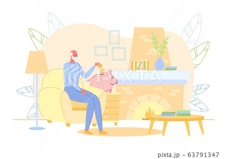 Old Man Saving Pension Money in Piggy-Bank at Home Old Man Saving Pension Money in Piggy-Bank at Home 63791347