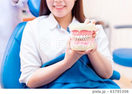 Dentist with tooth implant false teeth. Dentistry 63795306