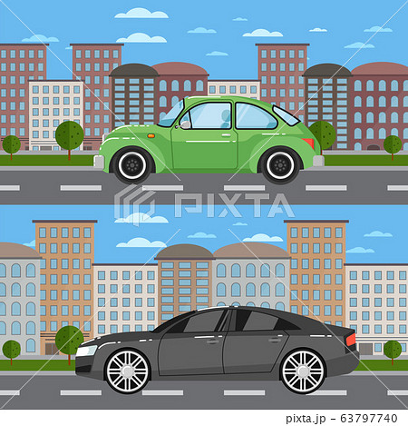 Vintage car and comfortable sedan in cityscape 63797740