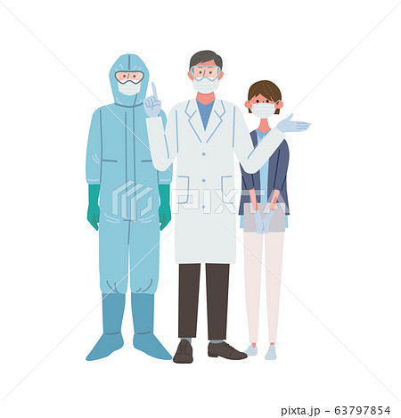 マスクをつける 医者 看護師 防護服 コロナウイルス イラスト セットのイラスト素材