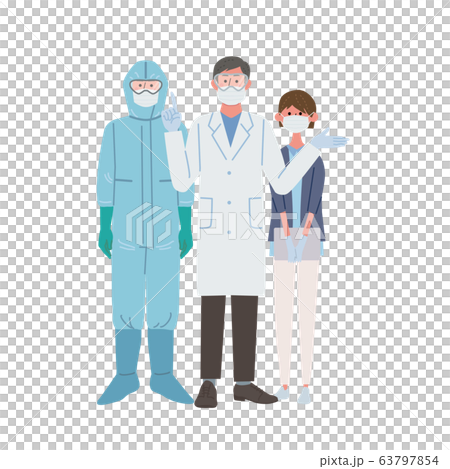 マスクをつける　医者　看護師　防護服　コロナウイルス　イラスト　セット 63797854