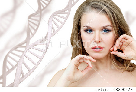 Portrait of sensual woman among white DNA chains. 63800227