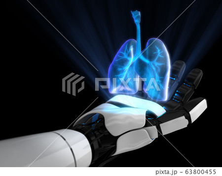 Hologram 3D of  human lungs on robot hand. 3D rendering. 63800455