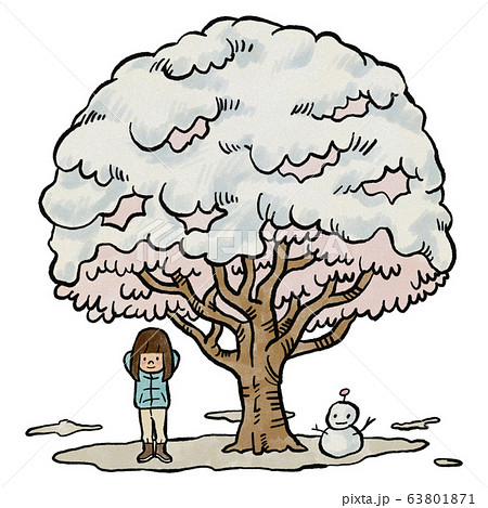 雪の積もった桜の木下の女の子のイラスト素材