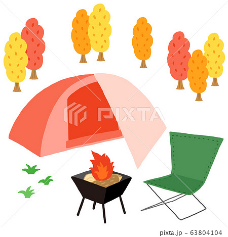 ソロキャンプ 焚火台 紅葉のイラスト素材