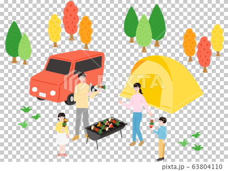 バーベキューを楽しむ家族 オートキャンプ 紅葉のイラスト素材