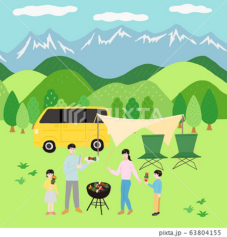 バーベキューを楽しむ家族　オートキャンプ 63804155
