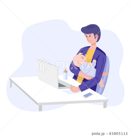 Work from home concept, Fruastrated father with crying baby working on laptop computer at home. Vector 63805113