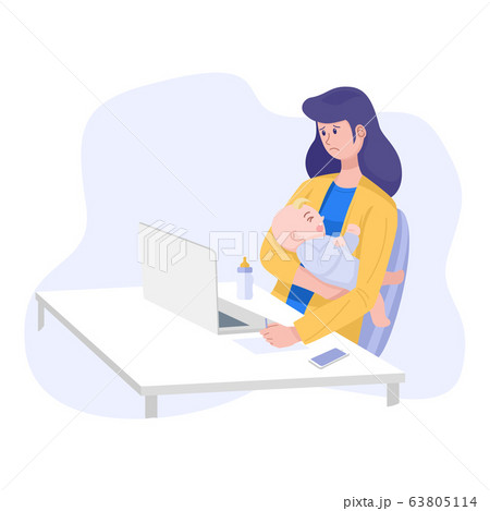 Work from home concept, Stressed mother with crying baby working on laptop computer at home. Vector 63805114