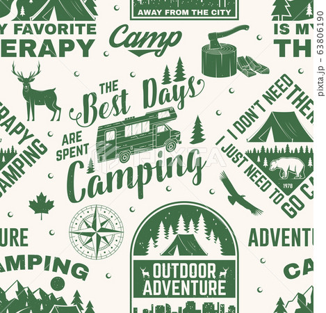 Set of outdoor adventure seamless pattern. Vector. Seamless camping pattern with hiking boots, camping tent, lantern, axe, mountains, bear, deer, forest silhouette. Camping texture Set of outdoor adventure seamless pattern. Vector. Seamless camping pattern with hiking boots, camping tent, lantern, axe, mountains, bear, deer, forest silhouette. Camping texture 63806190