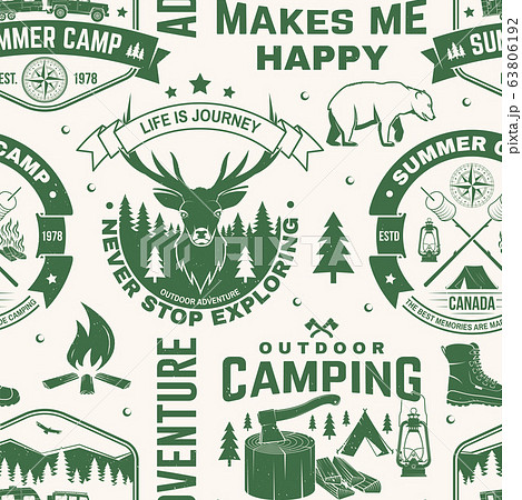 Set of outdoor adventure seamless pattern. Vector. Seamless camping pattern with hiking boots, camping tent, lantern, axe, mountains, bear, deer, forest silhouette. Camping texture Set of outdoor adventure seamless pattern. Vector. Seamless camping pattern with hiking boots, camping tent, lantern, axe, mountains, bear, deer, forest silhouette. Camping texture 63806192