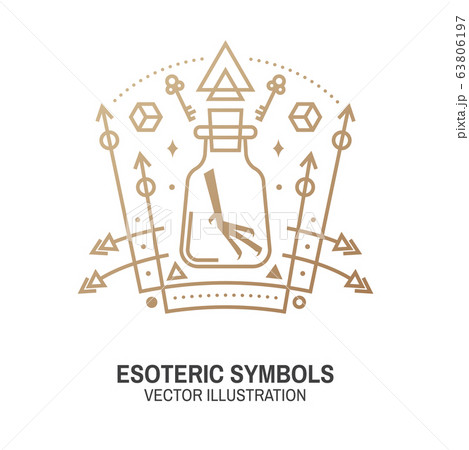 Esoteric symbols. Vector. Thin line geometric badge. Outline icon for alchemy or sacred geometry. Mystic and magic sacred geometry tattoo design with unreal geometrical cube, moon, sun Esoteric symbols. Vector. Thin line geometric badge. Outline icon for alchemy or sacred geometry. Mystic and magic sacred geometry tattoo design with unreal geometrical cube, moon, sun 63806197