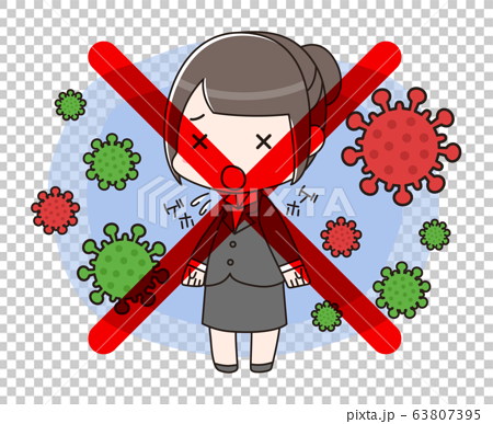 新型コロナウイルスCOVID-19（イメージ）に囲まれ、咳エチケットを守っていないスーツ女性 63807395