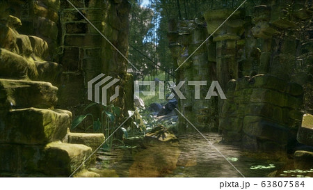 Stone ruins in a forest, abandoned ancient castle 63807584