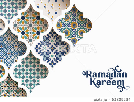 Close-up of colorful ornamental arabic tiles, patterns through white mosque window. Greeting card, invitation for Muslim holiday Ramadan Kareem. Vector illustration bacground, modern web banner. 63809284