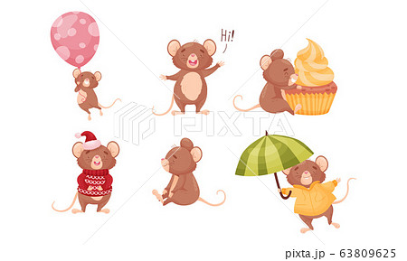 Cartoon Mouse Character with Long Pink Tail Embracing Cupcake and Walking with Umbrella Vector Set 63809625