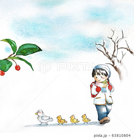 冬 小学生と鳥のイラスト素材
