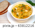 Chicken soup with meatballs and pasta on the table 63812216