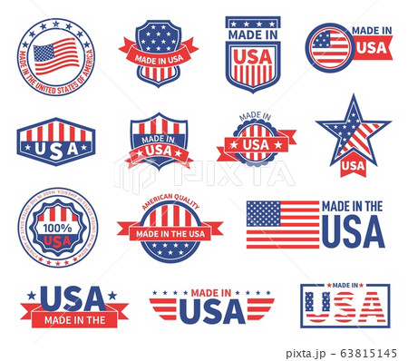 American labels. Made in usa seal badges design. Patriotic logo or stamp. Isolated tags with flag of america and star symbols vector set 63815145