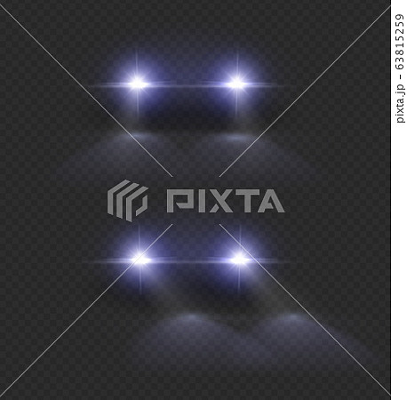 Car headlights. Auto light, bright front lighting headed. Front lamps in dark. Realistic led flare effect vector illustration Car headlights. Auto light, bright front lighting headed. Front lamps in dark. Realistic led flare effect vector illustration 63815259