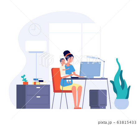 Mother freelance worker. Female working home and hugs baby. Professional mom, maternity and job. Woman freelancer with kid vector concept 63815433