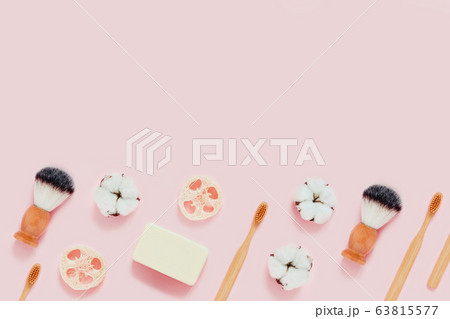 Zero waste accessories on pink background. Zero waste accessories on pink background. 63815577