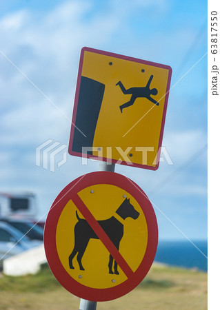 Icelandic sign no dogs and you can fall from cliff. Latrabjarg 63817550