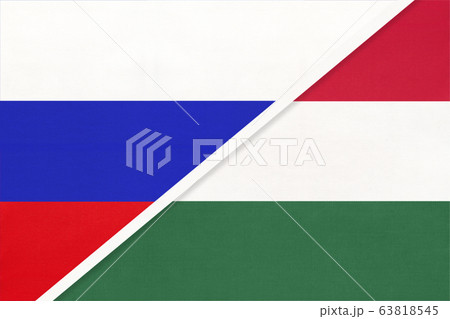 Russia vs Hungary national flag from textile. 63818545