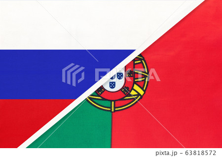 Russia vs Portugal national flag from textile. 63818572