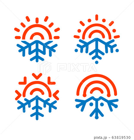 Sun and snowflake emblems. Weather, temperature icon. Freezing, heating, sunny, frosty vector symbols. Any weather abstract logo. Air conditioning, climate control infographic design elements. Sun and snowflake emblems. Weather, temperature icon. Freezing, heating, sunny, frosty vector symbols. Any weather abstract logo. Air conditioning, climate control infographic design elements. 63819530