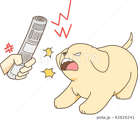ゴールデンレトリバーの子犬 丸めた新聞で怒られて反抗する のイラスト素材