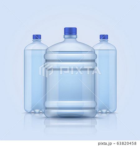 Water bottles. Empty plastic transparent containers bottle for clean different liquids, beverages service delivery water vector background 63820458