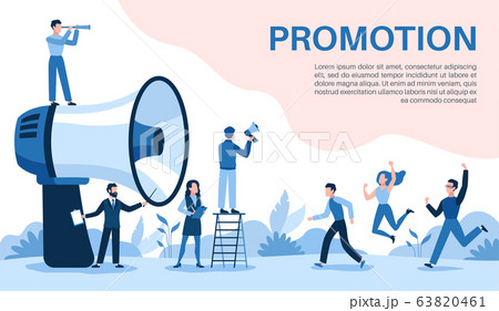 Promotion with megaphone. Big loudspeaker, promoter speaks people, attracts investors and businessmen, social media marketing vector concept Promotion with megaphone. Big loudspeaker, promoter speaks people, attracts investors and businessmen, social media marketing vector concept 63820461