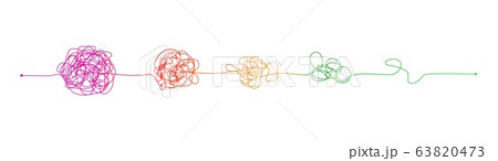 Complex to simple. Messy clew connected lines, brain imagination, scribbled tangle round elements, way streamlining process, vector concept 63820473