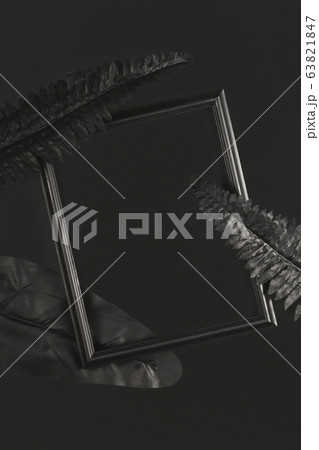 Flat lay mock up. Black photo frame and leaves on Flat lay mock up. Black photo frame and leaves on 63821847