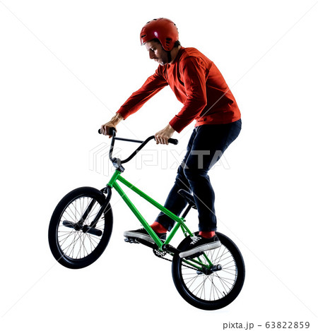 BMX rider cyclist cycling freestyle acrobatic stunt isolated white background 63822859