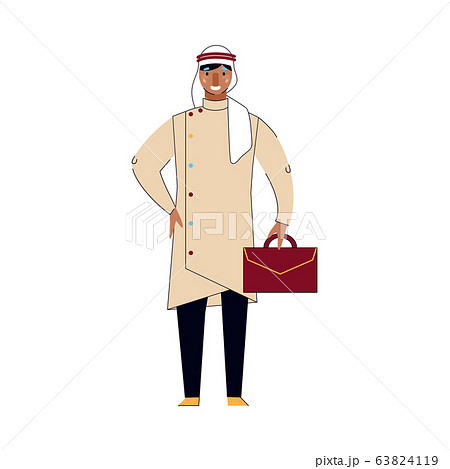 Arab businessman holding business suitcase - cartoon man in Muslim clothes Arab businessman holding business suitcase - cartoon man in Muslim clothes 63824119