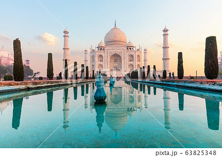 India's famous Taj Mahal mausoleum, peaceful view, India's famous Taj Mahal mausoleum, peaceful view, 63825348
