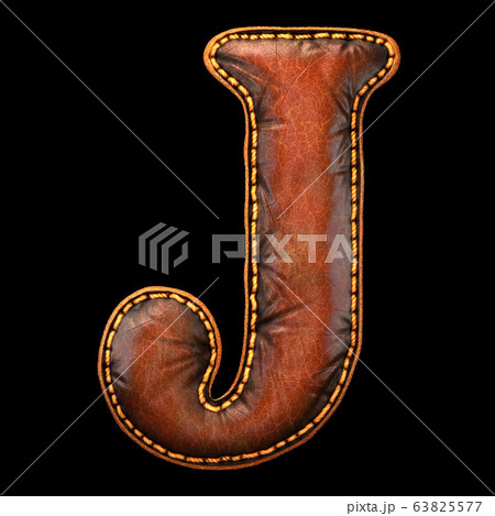 Leather letter J uppercase. 3D render font with skin texture isolated on black background. 63825577