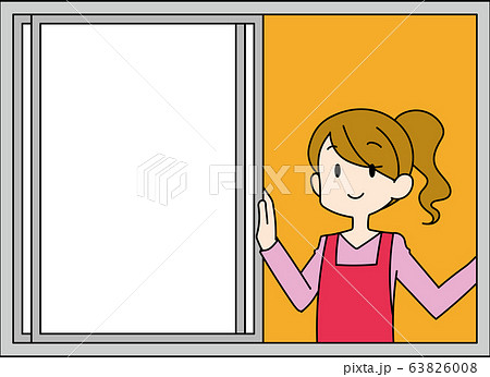 窓を開ける女性のイラストのイラスト素材