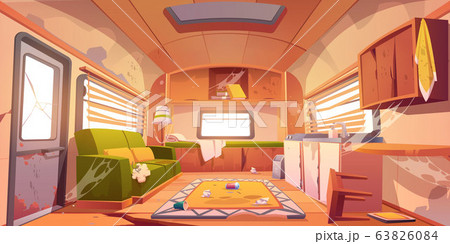 Old dirty interior of camper with broken furniture 63826084