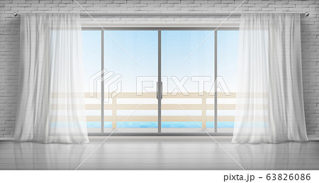 Empty room with glass door to balcony and curtains 63826086