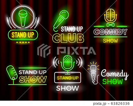 Standup comedy. Open microphone comedian symbols vector neon logotype set Standup comedy. Open microphone comedian symbols vector neon logotype set 63826336